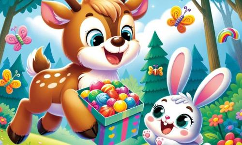 Un renne joyeux nommé Rémi, avec un pelage brun clair et des bois majestueux, saute de joie en découvrant une boîte brillante pleine de bonbons colorés. À ses côtés, Lulu, un petit lapin aux grandes oreilles blanches, sourit en sautillant avec enthousiasme. La scène se déroule dans une forêt enchantée, où les arbres sont hauts et verdoyants, et où des fleurs multicolores poussent autour d'eux. Rémi et Lulu, entourés de leurs amis animaux, célèbrent la découverte des bonbons, riant et dansant sous un ciel bleu éclatant.