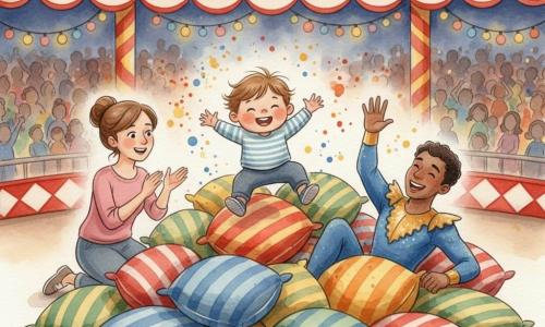 Un garçon de deux ans, joyeux, visage rond et joues roses, cheveux châtain clair en mèches souples, saute et roule dans un grand tas de coussins colorés tandis que sa mère, souriante, cheveux bruns en chignon, agenouillée à côté, applaudit doucement; un acrobate en costume bleu et or, perruque courte foncée, rit allongé au milieu des coussins avec une main levée. Le chapiteau rouge et jaune à larges bandes, lampions et éclairage chaud, gradins flous et silhouettes de spectateurs en arrière-plan encadrent cette scène douce, ludique et lumineuse centrée sur l'enfant, avec coussins veloutés à rayures et pois et touches de peinture aquarelle pour le mouvement.