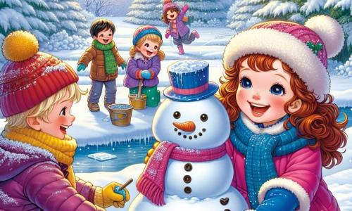 Lucie, 9 ans, aux cheveux châtains et bouclés, porte un manteau rose vif, des gants jaunes et une écharpe bleue. Elle sourit, les joues rosies par le froid, tout en construisant un bonhomme de neige. À côté, Hugo, 10 ans, avec des cheveux blonds en bataille, porte un bonnet rouge et une veste bleue, tenant un seau en plastique pour la tête du bonhomme, riant joyeusement. Élodie, 9 ans, aux cheveux longs et bruns, en combinaison violette, ajoute des boutons en charbon, son visage rayonnant d'excitation. La scène se déroule dans une clairière enchantée, entourée d'arbres couverts de neige, avec un étang gelé au centre. Lucie et ses amis s'amusent à créer un bonhomme de neige, capturant la magie de l'hiver et l'esprit d'amitié.
