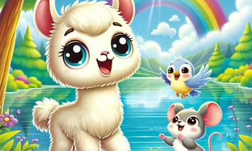 Lili, un petit lama au pelage crème, se tient joyeusement au bord d'un lac scintillant sous un arc-en-ciel. Ses grands yeux brillants expriment émerveillement et joie. À ses côtés, Coco, un oiseau aux plumes bleu et jaune, vole en cercles, chantant gaiement. Mimi, une souris grise et curieuse, est sur une pierre près du lac, regardant le duo avec un sourire radieux. Ils célèbrent leur aventure sous la pluie, dansant et chantant au bord du lac, entourés par la beauté de la forêt verdoyante et des fleurs colorées.