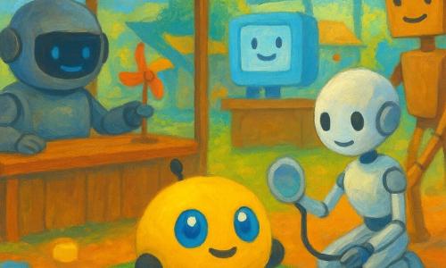 Pip, petit drone rond jaune citron de la taille d'une balle, recharge sur un tapis solaire vert au centre d'un cercle d'amis robots : Réglisse, petite robotte blanche vérifiant son connecteur avec un câble ruban ; un vendeur-robot à visière argentée montrant un mini-moulin à vent derrière lui ; un jardinier en bois dirigeant un rayon de lumière avec un petit miroir ; et Luma, borne carrée flottante à écran souriant bleu pâle affichant une flèche verte ; le tout dans un marché sous une grande verrière, stands en bois clair, guirlandes de lampes solaires, un mini-ruisseau et briques lumineuses, ambiance paisible, couleurs chaudes, formes simples et rondes adaptées aux jeunes enfants.