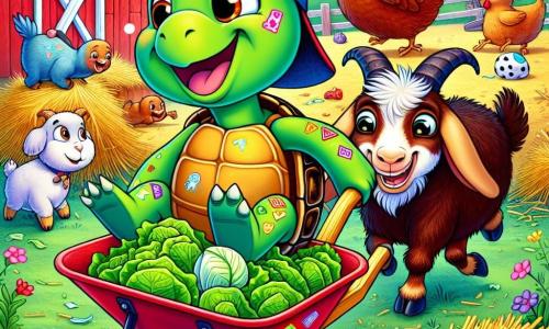 Tartine, une tortue joyeuse avec une carapace décorée d'autocollants fluo et une casquette à l'envers, sourit en poussant une brouette colorée remplie de feuilles de salade. À ses côtés, Réglisse, une chèvre espiègle aux yeux pétillants, l'encourage en sautillant. En arrière-plan, Paulette, une poule rousse aux plumes ébouriffées, se débat joyeusement dans une botte de paille. La scène se déroule dans la cour d'une ferme animée, entourée de champs verdoyants et d'une grange en bois rouge. Les animaux créent une ambiance festive alors que Tartine et ses amis se préparent pour la grande course de brouettes.