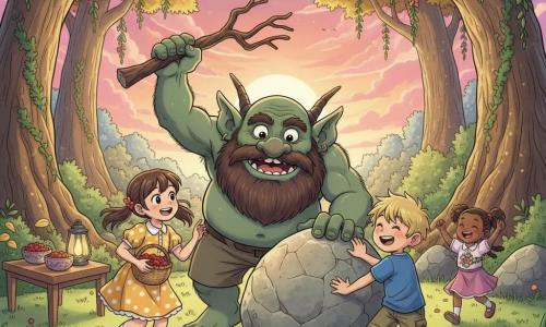 Grok, un grand troll à la peau vert foncé et à la grosse barbe brune, souriant et tenant une branche comme canne près d’une énorme pierre roulée ; Lila, 8 ans, couettes brunes et robe jaune à pois blancs, tient un panier de baies rouges à gauche du troll ; Max, 8 ans, cheveux blonds en bataille, t‑shirt bleu et short kaki, rit à droite en posant les mains sur la pierre comme s’il l’avait aidée à rouler. Clairière d’une forêt magique aux herbes vert tendre et arbres gigantesques aux feuilles dorées, fleurs multicolores suspendues, petite table en bois avec baies et lanternes ; célébration joyeuse autour de la pierre au coucher du soleil, lumière douce, étoiles naissantes, couleurs chaudes et contrastées. Style manga doux, expressions exagérées, palettes vives, textures détaillées, ambiance chaleureuse et enfantine.
