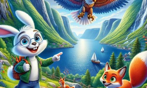 Un petit lapin nommé Oscar, avec un pelage blanc et des grandes oreilles, porte des lunettes rondes et un petit sac à dos rempli de carottes. À ses côtés, un renard amical nommé Luna pointe une falaise surplombant la mer, montrant à Oscar les merveilles des fjords. Un aigle majestueux, Eirik, vole au-dessus d'eux, ajoutant une touche de magie à la scène. Ils admirent la beauté d'un fjord norvégien, entourés de montagnes vertes, de fleurs colorées et d'une mer d'un bleu profond, remplis d'émerveillement et de joie.
