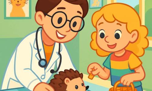 Docteur Zoé est une femme souriante avec des cheveux bruns en chignon et des lunettes rondes. Elle porte une blouse blanche et un stéthoscope, se penchant vers un petit hérisson. À ses côtés, Lila, une fille de 8 ans aux cheveux blonds et bouclés, observe avec fascination, tenant un panier de friandises pour animaux. La scène se déroule dans une clinique vétérinaire lumineuse aux murs verts pastel, avec des posters d'animaux et des jouets éparpillés. Docteur Zoé examine le hérisson, tandis que Lila tend une friandise, créant une atmosphère chaleureuse.