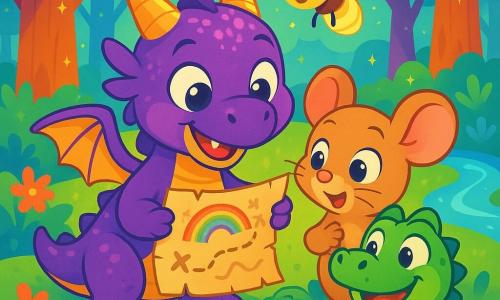 Un petit dragon violet nommé Plum, avec des écailles scintillantes et de grands yeux curieux, tient une carte mystérieuse dans ses pattes. Il sourit, prêt pour l'aventure. À ses côtés, Miette, une souris malicieuse, regarde la carte avec excitation. Lilo, une luciole, éclaire la scène de sa lumière dorée, tandis que Croc, un petit crocodile vert, se frotte le ventre, impatient de découvrir le trésor. La scène se déroule dans la Forêt Enchantée, avec des arbres colorés, des fleurs multicolores et une rivière scintillante. Les aventuriers planifient leur chemin vers le Trésor Arc-en-ciel, entourés de mystères et d'excitation.