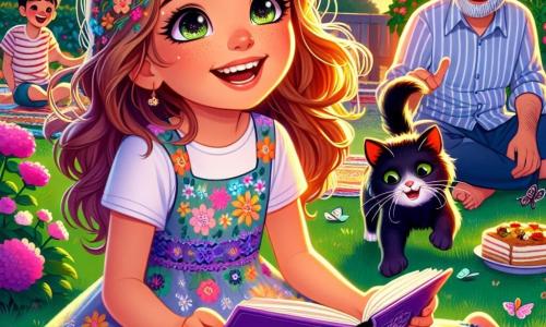 Assia, une fille de 12 ans aux grands yeux pétillants et au sourire radieux, est assise dans un jardin sur l'herbe verte, entourée de fleurs colorées. Elle porte une robe légère aux motifs floraux et tient un carnet violet sur ses genoux, affichant une expression joyeuse. À côté d'elle, son petit frère Karim, âgé de 7 ans avec des cheveux bruns en bataille et un t-shirt rayé, rit en jouant avec un chat noir qui chasse des papillons. En arrière-plan, leur voisin Monsieur Azouzi, un homme d'une cinquantaine d'années avec une barbe grise, tient un panier de gâteaux à partager. Le jardin est illuminé par la lumière du soir, avec des lampions colorés dans les arbres, créant une ambiance festive. La scène montre Assia et Karim riant ensemble, savourant un moment de partage et de bonheur pendant le Ramadan, entourés de l'amour de leur communauté.