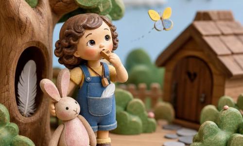 Fillette de 4 ans au visage rond, boucles brunes, grands yeux curieux et sourire lumineux, posture courageuse, tient un doudou Lapinou en tissu sous le bras et souffle dans un petit sifflet en bois autour du cou; un Lapinou en peluche stylisé (rose pâle et beige, yeux brodés) posé contre elle; un papillon en papier jaune et bleu vole autour de sa tête, montré en deux positions; arrière-plan : jardin miniature en bois peint avec cabane brune, vieux pommier sculpté au tronc creux contenant une plume blanche, chemin de cailloux gris, buissons verts et ciel bleu clair avec soleil jaune; scène douce et lumineuse d'exploration, elle regarde le creux du pommier avec étonnement joyeux, plume visible dans sa poche, diorama sur une table en bois clair, éclairage chaud, couleurs vives, style illustratif enfantin, atmosphère rassurante et aventureuse.