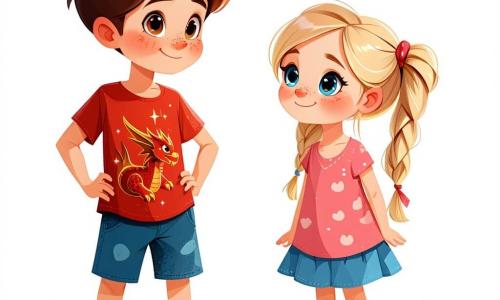 Léo, un garçon de 5 ans aux cheveux bruns en bataille et au sourire timide, se tient au centre de l'image avec un t-shirt rouge orné d'un dragon et un short bleu. À sa droite, Emma, une fille aux cheveux blonds tressés et aux yeux bleus, l'observe avec curiosité, tandis qu'à sa gauche, Thomas, avec des lunettes rondes et des cheveux châtains, tient un ballon et semble perplexe. La scène se déroule dans une cour d'école ensoleillée, entourée de murs jaunes et verts, avec des arbres et des jeux colorés. Léo, un peu gêné, avoue à ses amis qu'il a menti sur l'existence d'un dragon, tandis qu'Emma et Thomas écoutent attentivement, leurs expressions passant de l'étonnement à la compréhension.