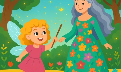 Lila, une petite fée aux ailes scintillantes et aux cheveux dorés, est au centre de l'image, déterminée et prête pour l'aventure avec sa baguette en bois de saule. À ses côtés, la Reine des Fées, majestueuse et souriante, porte une robe de fleurs multicolores et a des cheveux argentés. Le décor est une clairière dorée entourée d'arbres épais et de feuilles vertes, avec des lucioles illuminant les fleurs. Lila, courageuse, s'apprête à s'envoler vers le ciel nuageux pour retrouver la lumière perdue, encouragée par la Reine des Fées.