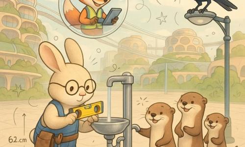 Orso, un lapin technicien calme et concentré au pelage beige et blanc, petites lunettes rondes, salopette bleue et sac à outils en cuir avec chiffon, tient un niveau à bulle et visse une petite fontaine argentée posée à 62 cm du sol; Lumo, un renard roux au gilet de contrôle vert, souriant et encourageant, se tient dans une capsule aérienne transparente arrêtée au‑dessus de la place avec un boîtier de diagnostic; Vire, un corbeau noir aux plumes lustrées, malicieux, est perché sur un lampadaire à droite et croasse en observant; trois petites loutres curieuses en file près de la fontaine, l'une appuie sur un bouton, l'autre tient un petit banc avec un réservoir détachable; la Place des Alvéoles présente de grandes dalles solaires, bâtiments en alvéoles arrondis empilés, passerelles suspendues, jardins en cascade, rails aériens translucides et lumières douces, ambiance diurne aux teintes pastel et reflets métalliques; situation : installation et test d'une fontaine à hauteur d'enfants, eau claire jaillissant en filet stable, petits vis et raccords visibles, expressions d'entraide et de soulagement.
