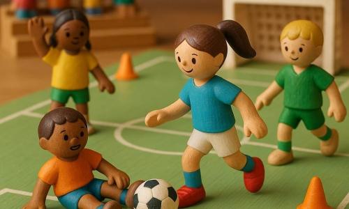 Jeune joueuse de foot souriante et déterminée, cheveux bruns en queue de cheval, maillot bleu à manches courtes, shorts blancs et chaussures rouges, pousse doucement un ballon noir et blanc du pied droit; à sa droite Tom, ~9 ans, cheveux blonds courts en maillot vert, tend la jambe pour recevoir la passe; un peu derrière à gauche Ana, ~8 ans, cheveux noirs en tresse en maillot jaune, lève la main; devant elle un garçon de 7 ans vient de tomber, visage surpris mais souriant, elle s'arrête pour l'aider à se relever; terrain rectangulaire d'herbe peinte en vert clair sur une table avec lignes blanches, petits cônes orange, un but en bois peint blanc au fond et quelques mini-supporters en bois sur une petite tribune; scène de fair-play, lumière douce, couleurs vives, style jouet en bois simple et chaleureux.