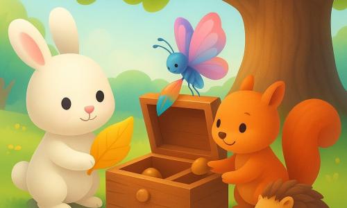 Lino, un petit lapin blanc au visage rond et sourire calme, dépose une grande feuille dorée dans un tiroir en bois; Noisette, un écureuil roux ébouriffé et maladroit, ajoute une noisette brillante depuis une pierre basse; Lueur, un papillon aux ailes roses et bleues, pose une plume colorée sur le bord du tiroir; Picoti, un petit hérisson brun timide, glisse un petit caillou blanc au pied du vieux chêne; ils sont réunis dans une clairière ensoleillée sous un grand chêne aux branches noueuses, herbe parsemée de fleurs, panier renversé et feuilles au sol, rangeant ensemble leurs trésors dans une ambiance chaleureuse et colorée, aux formes simples adaptées aux enfants.