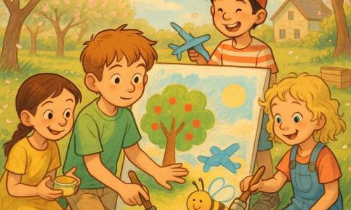 Quatre enfants peignent une grande fresque dans un verger de printemps : Luca, 10 ans, garçon aux cheveux châtain clair en bataille, T‑shirt vert, au centre, main sur un grand pinceau touchant un pommier peint ; Maya, 10 ans, fille aux cheveux bruns en tresse, robe jaune, accroupie à gauche, doigts tachés de peinture jaune, tenant une boîte de peinture ; Tom, 9 ans, garçon aux cheveux noirs et casquette rouge, à droite, peignant un petit avion bleu en riant ; Zoé, 8 ans, fille aux cheveux blonds bouclés en salopette en jean, en avant à droite, peignant une grosse abeille souriante. Le verger lumineux présente des pommiers en fleurs aux pétales roses et blancs, herbe parsemée de pâquerettes, ciel bleu pâle et une maison en pierre claire en arrière‑plan; la fresque aux touches larges utilise des couleurs fraîches (vert tendre, rose pâle, jaune, bleu ciel) avec textures épaisses, gestes joyeux, quelques panneaux et une boîte de compost esquissés, et une lumière douce du soir qui dore les feuilles tandis que des pétales flottent dans l'air.