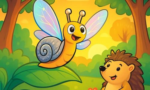 Un petit escargot nommé Léon, avec une coquille argentée, se tient sur une grande feuille verte, les yeux brillants de joie. Il bat des ailes translucides, prêt à s'envoler. À proximité, Bernard le hérisson, avec ses piquants bruns, regarde Léon avec admiration, assis sur un tapis de fleurs colorées. La scène se déroule dans une clairière enchantée, baignée par la lumière du soleil couchant, entourée d'arbres majestueux et de fleurs éclatantes. Léon, plein d'excitation, s'apprête à prendre son envol, tandis que Bernard l'encourage avec fierté et amitié.