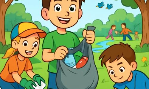 Lucas, un garçon de 12 ans aux cheveux bruns en bataille et aux yeux déterminés, se tient au centre, vêtu d'un t-shirt vert et d'un short en jean. Il sourit fièrement en tenant un sac poubelle rempli de déchets recyclables, prêt à nettoyer le parc. À ses côtés, Emma, 11 ans, avec des cheveux blonds tressés et une casquette colorée, ramasse des déchets avec un gant, concentrée et enthousiaste. Max, 12 ans, aux cheveux châtains et en t-shirt bleu, se penche pour ramasser une bouteille en plastique, déterminé. Le parc est verdoyant, avec de grands arbres, des fleurs colorées et un ruisseau scintillant, où des oiseaux chantent. Des familles et des enfants jouent en arrière-plan, créant une atmosphère joyeuse. Lucas et ses amis sont unis dans leur mission de nettoyage, entourés de déchets sur l'herbe, mais avec un sentiment d'espoir et de camaraderie pour protéger la nature.