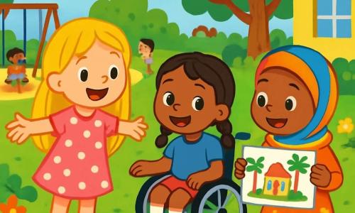Il y a trois personnages : Léa, une fille de 5 ans aux longs cheveux blonds, souriante dans sa robe rose à pois blancs ; Maïa, également âgée de 5 ans, assise dans son fauteuil roulant, souriante dans son t-shirt bleu et short coloré ; et Amira, avec un foulard coloré et une robe florale, tenant un dessin de sa maison. L'action se déroule dans une cour d'école ensoleillée, entourée d'arbres et de fleurs, où des enfants jouent. Les trois filles dessinent ensemble sur une grande feuille, échangeant des sourires complices et illustrant la joie de partager leurs différences.