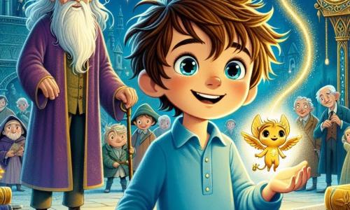 Un garçon de 9 ans, Timothée, se tient au centre de l'image, avec des cheveux châtains en bataille et des yeux pétillants de curiosité. Il porte une chemise bleue et un pantalon beige, son visage exprimant une détermination joyeuse alors qu'il tient une clé dorée dans ses mains. À ses côtés, sa meilleure amie, Luma, est représentée comme une petite sphère lumineuse flottante, émettant une douce lumière dorée. En arrière-plan, le vieux scribe Maître Elrond, un homme âgé avec une longue barbe blanche, observe la scène avec un sourire bienveillant, vêtu d'une robe en velours violet, entouré de vieux livres. Le décor est la grande place de Lumina, où se dresse l'imposante horloge astrale, ornée de motifs étoilés. Timothée insère la clé dorée dans le mécanisme caché de l'horloge, tandis qu'une lumière brillante éclate autour d'eux, symbolisant la magie et la science qui se rejoignent dans un moment de découverte.
