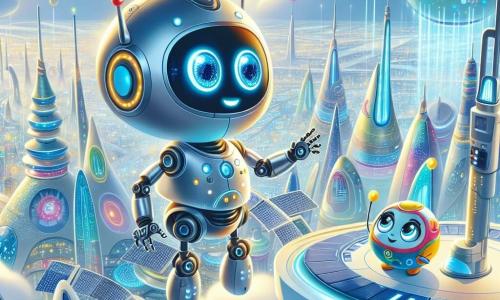 Au sommet de la Tour Lumineuse, Zik, un petit robot métallique aux yeux bleus brillants, admire la vue de la ville futuriste en contrebas, son excitation trahie par son antenne frémissante et ses pattes légèrement écartées. À ses côtés, Boubou, un robot de nettoyage rond et amical, observe avec inquiétude, prêt à intervenir avec son balai. Le sommet scintillant, entouré de nuages, est décoré de jardins suspendus, tandis qu'en bas, la ville de Teknolopolis s'étend avec ses bâtiments aux formes organiques et ses lumières. Zik, fasciné par la beauté de la ville, découvre un laboratoire mystérieux où une sphère lumineuse pulsante attire son attention, promettant aventures et découvertes.