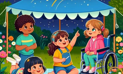 Dans un jardin paisible sous un ciel étoilé, quatre filles de neuf ans se tiennent sous une tente bleue. Mia, avec ses cheveux bruns et bouclés, est assise sur le sol en souriant. Léa, aux cheveux blonds, pointe une étoile filante allongée sur le dos. Zoé, avec ses cheveux châtains en queue de cheval, est dans son fauteuil roulant, tenant un livre d'histoires. Emma, aux cheveux noirs et frisés, est assise près de Zoé, les yeux levés vers le ciel. Le jardin est rempli de fleurs colorées, éclairé par la lune, tandis qu'une chouette hulule au loin. Ensemble, elles surmontent leur peur du noir en admirant les étoiles et en partageant des histoires, transformant l'obscurité en un moment magique.
