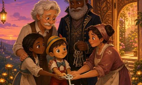 Pinocchio, petit garçon de bois aux yeux boutons, tient une clé d'argent qu'il présente en avant; Geppetto, vieil homme au visage ridé, pose une main rassurante sur son épaule; le gardien, grand barbu, tient d'autres clés près d'une grande porte sculptée; une fillette de neuf ans aux cheveux tressés et une boulangère au tablier fariné joignent leurs mains autour de la clé; le groupe forme un cercle au sommet d'une colline au crépuscule devant la porte ouverte sur un jardin éclairé, sentier pavé bordé de fleurs lumineuses et lanternes sous un ciel mauve, scène baignée d'une lumière chaude et d'expressions d'espoir et de confiance.