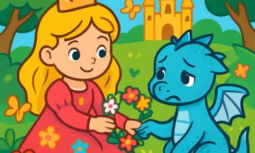 La princesse Élodie, une jeune fille aux cheveux blonds et aux yeux curieux, est assise dans un jardin luxuriant. Elle porte une robe de velours rose ornée de fleurs et tient la patte de son ami, un petit dragon bleu nommé Nuage, qui a des écailles scintillantes et des ailes argentées. Nuage, bien que triste, se sent réconforté à ses côtés. Le jardin est rempli de fleurs éclatantes, de papillons et de grands arbres. Au loin, un château doré brille sous le soleil. Élodie et Nuage tissent une couronne de fleurs ensemble, symbolisant leur amitié retrouvée.