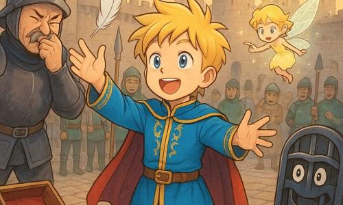 Le prince d'environ 10 ans est au centre, souriant, yeux brillants, cheveux blonds en épi, robe courte bleue à broderies d'or, tendant les bras pour attraper une plume blanche qui tourne; la toute petite fée Plume-Paillette vole près de son épaule, corps lumineux, ailes translucides étincelantes, malicieuse, pointant la plume; à gauche le capitaine des gardes d'environ 50 ans, moustache grisonnante raide, armure sombre, casque tombé, éternue en se tenant la moustache; en arrière-plan des gardes adultes, rigides mais amusés, avec hallebardes et uniformes verts; à droite une herse animée, barreaux métalliques sombres aux reflets bleutés, petits yeux et grimace rieuse, encore un peu baissée; au sol un boîtier ouvert contenant une petite clé dorée et du velours rouge froissé, un grand drap de velours sombre est déployé près du prince; la cour pavée de pierres grises, tours crénelées, bannières colorées flottant, quelques villageois au loin applaudissent; lumière du soir chaude, ombres longues, petites paillettes magiques autour de la fée et de la plume; style manga clair aux traits doux, couleurs vives, expression comique et chaleureuse.