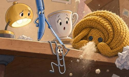 Un stylo bleu fin en plastique à capuchon, yeux dessinés et expression déterminée et bienveillante, penché en avant comme pour mener une expédition ; à côté, un trombone métallique brillant, tordu en pose héroïque et comique, accroché au bord du bureau ; une petite lampe de chevet ronde et jaune cligne doucement, éclairage chaud et expression inquiète-curieuse ; une tasse en porcelaine blanche à anse délicate, élégante et surprise, posée au soleil ; au centre, un vieux pull en laine moutarde roulé en boule avec deux boutons noirs en guise d'yeux, timide et honteux, éternuant un nuage de poussière fine ; décor : bureau en bois clair vu en contre-plongée, bord du bureau visible, tapis sombre dessous, règle en plastique faisant office de corde, feuilles froissées et boîte en carton ouverte ; scène : la petite équipe d'objets encercle le pull sous le bord du bureau, lumière chaude, poussière tourbillonnante, attitudes de soutien et de surprise, ambiance cocasse et rassurante ; style graphique : couleurs pastel, contours doux, textures toile et laine visibles, expressions lisibles, composition centrée sur la rencontre amicale.