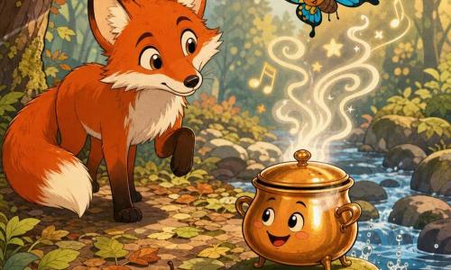 Rouxine, petit renard roux vif aux oreilles dressées et à la queue touffue, penche la tête, patte levée, et écoute fasciné sur un sentier de feuilles humides la petite marmite anthropomorphe en cuivre brillant, à trois petits pieds et couvercle frémissant, qui chuchote des vapeurs en formes de notes et d’étoiles; un papillon bleu et jaune, étonné, vole au-dessus, tandis qu’un ruisseau clair serpente entre pierres moussues, feuilles et quelques champignons, le tout baigné d’une lumière matinale douce, ambiance loufoque et chaleureuse aux traits arrondis.