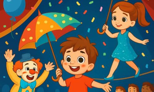 Un garçon de 6 ans, Arthur, avec de grands yeux ronds et brillants, un sourire éclatant et des cheveux châtains en bataille, se tient au centre de la scène, tenant un parapluie coloré décoré de gommettes dorées. Il a l'air émerveillé et joyeux, prêt à vivre une aventure magique. À côté de lui, Zoé, la funambule d'environ 10 ans, porte une robe scintillante bleue et avance avec grâce sur un fil, tenant un parapluie doré, tout en souriant à Arthur. Léo, le clown jovial d’environ 30 ans, se tient à l'arrière, riant et faisant des grimaces. La scène se déroule sous un grand chapiteau de cirque aux couleurs vives, rempli de lumières et de ballons flottants, avec des spectateurs applaudissant autour. Arthur et Zoé font tourner le parapluie coloré ensemble, tandis que des confettis tombent, créant une atmosphère festive.