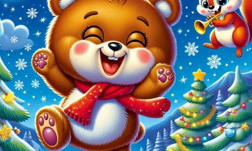 Un ours en peluche nommé Barnabé, au pelage doux et brun, saute joyeusement dans la neige avec un foulard rouge autour du cou. À ses côtés, un écureuil nommé Émile, avec un pelage roux et un chapeau pointu, joue de la trompette dorée. Ils se trouvent dans un décor de montagne enneigée, avec des sapins ornés de guirlandes lumineuses sous un ciel étoilé. Barnabé et Émile célèbrent le Nouvel An avec d'autres animaux, dansant et riant ensemble, entourés de lumières scintillantes.