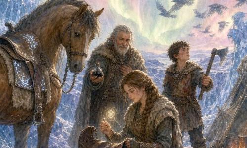 Hildr, tisseuse agenouillée au visage déterminé, châtain clair en grosse tresse, vêtue de peaux, recoud une selle usée en cuir en tenant un fuseau scintillant d’une rune; à gauche un cheval robuste, la selle réparée ornée de fines runes brillantes, respire calmement tandis qu’un vieux marchand reconnaissant tient une petite fiole d’huile derrière elle; à droite un garçon courageux brandit une hache et regarde le ciel comme après avoir repoussé une attaque; en arrière-plan un campement au bord d’une toundra glacée avec neige bleutée, roches érodées, gargouilles de glace et une vallée sombre, sous une aube polaire aux reflets roses et verts; quelques corbeaux aux plumes métalliques s’éloignent en formation; scène de réparation héroïque et paisible après la bataille, la rune de la selle émet de fins filaments de lumière et dégage une atmosphère calme et chaleureuse malgré le froid.