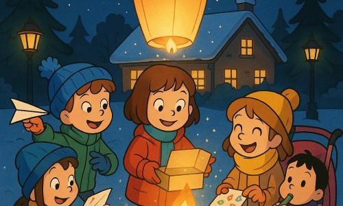 Quatre enfants réunis en cercle autour d'une lanterne en papier allumée dans un jardin enneigé devant une maison décorée de guirlandes dorées : Léa, ~8 ans, cheveux châtain courts, manteau rouge, tient une boîte pailletée ouverte et sourit en regardant la lanterne ; Tom, ~8 ans, bonnet bleu à pompon et manteau vert, tient un avion de papier prêt à être lancé ; Mia, ~7 ans, grande écharpe jaune et manteau beige, colle des autocollants sur une lettre en souriant ; Hugo, ~3 ans, petit, cheveux noirs, est dans une poussette rose à l'arrière droite, regardant les étoiles avec une petite flûte verte. Ils déposent lettres et avions dans la boîte puis lèvent la lanterne vers le ciel ; la flamme douce éclaire leurs visages, la neige scintille au sol et des étincelles lumineuses créent une ambiance chaleureuse et magique de réveillon du Nouvel An.