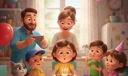 Fête d'anniversaire intimiste dans une cuisine-salle à manger lumineuse : une fillette de 2 ans, cheveux châtains courts avec barrette rose, souffle les bougies d'un gâteau rond à trois flammes, robe jaune à pois blancs, entourée de ses parents — maman souriante derrière elle, papa barbu en chemise bleue qui filme — et de trois petits amis (fille 3 ans avec chapeau de papier rose qui applaudit, garçon 4 ans en T‑shirt vert qui souffle des bulles, garçon 3 ans en casquette bleue tenant un ballon rouge) ; le chat gris Moustache est assis sur une chaise voisine. Décor chaleureux et coloré : guirlandes, ballons, nappe à motifs, vaisselle plastique, lumière douce du matin, ambiance émerveillée et festive, cadrage rapproché sur la table et le gâteau, style 3D film d'animation aux textures lisses, ombres douces et formes rondes adaptées aux tout-petits.