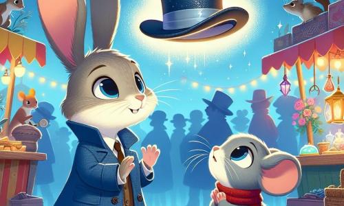Un petit lapin détective nommé Benjamin, avec de grandes oreilles et un manteau bleu, se tient au centre, émerveillé par un chapeau haut de forme scintillant qui flotte. À sa droite, une petite souris nommée Lucie, avec un pelage gris et une écharpe rouge, regarde le chapeau avec curiosité, les pattes levées. En arrière-plan, le marché des créatures magiques est animé, avec des étals colorés d'objets étranges, de potions lumineuses et de fleurs éclatantes, sous un ciel bleu parsemé de nuages. Des créatures fantastiques, comme des écureuils et des hiboux, ajoutent de la magie à l'atmosphère. Benjamin et Lucie, émerveillés, font face au chapeau magique qui brille, tandis qu'une douce mélodie annonce une aventure extraordinaire.