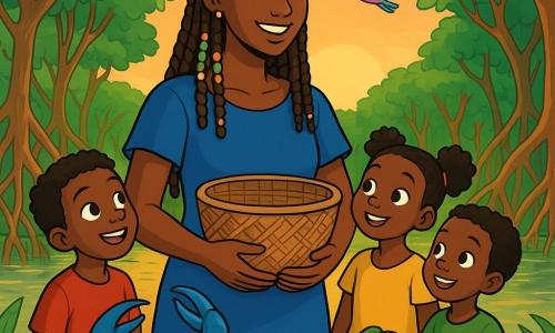 Maïmouna, une femme grande et élancée aux cheveux tressés ornés de perles colorées, sourit avec bienveillance. Son visage exprime détermination et douceur, tandis qu'elle tient un panier réparé dans ses bras, entourée d’enfants curieux. Un vieux crabe bleu se tient à ses pieds, observant la scène, et un crocodile nage lentement à proximité, prêt à écouter l'histoire de Maïmouna. Le décor est une mangrove luxuriante avec des palétuviers, des feuilles éclatantes et des reflets dorés dans l'eau. Des oiseaux colorés volent au-dessus, ajoutant de la vie à ce paysage enchanteur. La scène montre Maïmouna racontant son voyage aux villageois autour d'un grand feu, partageant rires et histoires, tandis que le soleil se couche, colorant le ciel de teintes chaudes.
