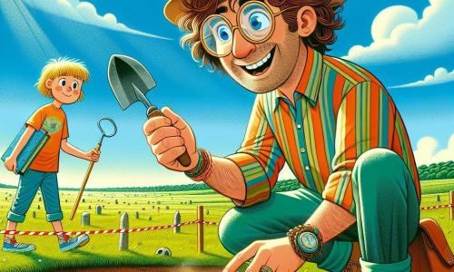 Hugo, un homme d'environ 30 ans avec des cheveux bruns en bataille et des lunettes rondes, est accroupi sur le sol. Il porte un chapeau large et une chemise à manches retroussées, son visage exprime excitation et curiosité. Il tient une truelle et un pinceau, fouillant le sol à la recherche de trésors. À proximité, Clara, une jeune fille de 10 ans aux cheveux blonds tressés, l'observe avec un carnet de croquis. Le lieu est une plaine verdoyante avec des monticules et des pierres anciennes, délimitée par des cordons rouges. Le ciel est bleu avec des nuages blancs, et l'air sent la terre fraîchement retournée. Hugo découvre un morceau de poterie ancienne, son visage s’illumine de joie, tandis que Clara s'approche pour dessiner ce moment.