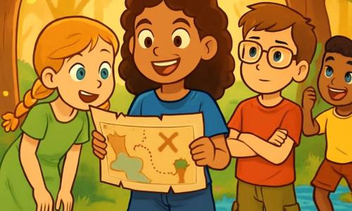 Quatre enfants se tiennent dans une forêt enchantée. Clara, 12 ans, cheveux bruns et bouclés, porte un t-shirt bleu et un short en jean, tenant une carte au trésor avec un sourire déterminé. Élise, également 12 ans, a des cheveux blonds tressés, vêtue d'une robe verte et de sandales, penche sur la carte avec excitation. Martin, 12 ans, cheveux châtains et lunettes, porte un t-shirt rouge et un pantalon cargo, observe la carte avec curiosité, les bras croisés. Samir, 12 ans, cheveux noirs et courts, en t-shirt jaune et short, sautille d'enthousiasme, prêt pour l'aventure. La forêt est baignée de lumière dorée, avec des arbres majestueux, des pierres brillantes et un ruisseau cristallin. Les enfants découvrent la carte au trésor, unis pour une aventure célébrant l'égalité et le travail d'équipe.