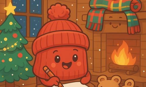Un bonnet de laine rouge, nommé Constant, se tient joyeusement sur un portemanteau en bois, entouré de flocons de neige qui tombent doucement. À proximité, une paire de chaussons douillets avec un motif de petits ours l'observe, près d'un feu crépitant. Une écharpe à carreaux, enroulée sur une étagère, affiche des couleurs vives. La scène se déroule dans une charmante maison en bois décorée de guirlandes lumineuses et d’un sapin de Noël scintillant, avec des fenêtres embrumées par la chaleur. Constant écrit une lettre de vœux sur un morceau de papier, son cœur débordant d’espoir et de joie, tandis que la magie de Noël enveloppe la scène d’une douce lumière étoilée.