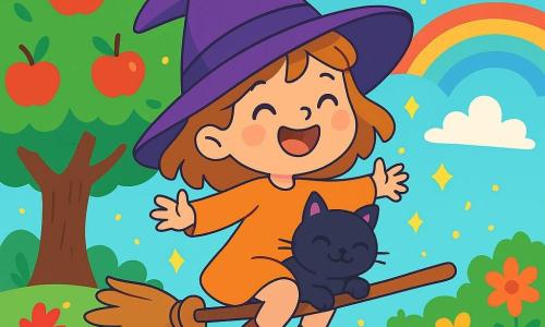 Une petite fille, Lila, une apprentie sorcière de quatre ans, porte un chapeau violet trop grand qui glisse sur ses yeux curieux. Elle est assise sur un balai magique, entourée de confettis dorés, riant aux éclats, les bras ouverts. À côté d'elle, un petit chat noir est blotti sur ses genoux, ronronnant de bonheur. Le jardin est rempli de fleurs colorées, avec un pommier en arrière-plan, ses branches chargées de pommes rouges. Le ciel est bleu, parsemé de nuages, et un arc-en-ciel scintille au loin. Lila et son chat s'envolent doucement, entourés de paillettes dorées, dans une atmosphère magique et joyeuse.