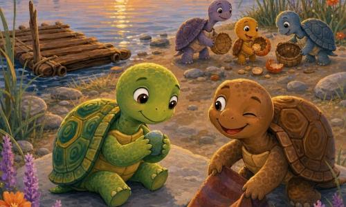Une petite tortue verte nommée Pistache, carapace marbrée de verts et jaunes, yeux doux, assise sur une pierre au bord d’un lac en tenant un caillou porte-bonheur ; Fig, tortue ronde et brune au sourire malicieux, cligne de l’œil en tenant un coin d’un tapis plié ; trois petites tortues amies ramassent des paniers renversés et des coquilles de fruit en arrière-plan ; lieu au crépuscule avec herbes hautes, fleurs sauvages orange et mauve, pierres lisses, reflet doré du soleil couchant et petit radeau d’écorces amarré ; ambiance de fin de journée de vacances, calme et chaleureuse, lumière dorée, couleurs saturées, coups de pinceau visibles, style peinture acrylique enfantin à contours doux.
