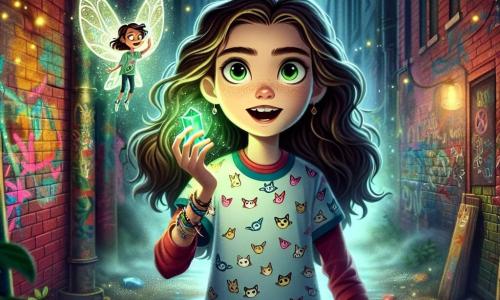Au centre de l'image, une fille de 12 ans, Viviane, regarde avec détermination. Elle a de longs cheveux bruns, porte un t-shirt coloré avec un motif de chat et un jean déchiré. Ses yeux brillent d'excitation alors qu'elle tient un talisman d'émeraude. À ses côtés, Nixie, une petite créature féerique de la taille d'un chat, flotte avec des ailes translucides et des yeux dorés. Nixie sourit et émet une douce lueur magique. Le décor est une ruelle urbaine mystérieuse avec des murs en briques et des graffitis colorés, tandis qu'une légère brume crée une ambiance intrigante. Viviane et Nixie se préparent à affronter une ombre maléfique au bout de la ruelle, l'espoir brillant dans les yeux de Viviane.