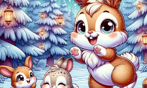 Un petit lapin nommé Biscotte, au pelage caramel, saute dans la neige, ses grandes oreilles et ses yeux pétillants de bonheur. À ses côtés, Châtaigne, une lapine tachetée, lance des boules de neige en riant, tandis que Pomme, un lapin gris clair, applaudit d'excitation. La scène se déroule dans une clairière enchantée, entourée d'arbres enneigés et de lanternes colorées, créant une ambiance festive. Biscotte et ses amis célèbrent la fête des flocons, partageant rires et jeux dans un décor hivernal magique.