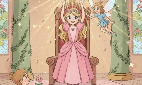 La princesse Léa, joyeuse et radieuse, cheveux blonds ondulés, robe rose satinée et petite couronne de fleurs, tient la Pierre de Lumière au-dessus du trône, bras tendus ; la fée Étoile, minuscule aux ailes translucides bleues et argentées, la touche à l’épaule en flottant à sa droite ; un petit prince villageois d’environ six ans, châtain clair, tient une fleur renaissante au premier plan gauche et regarde Léa ; le trône en bois sculpté et or repose sur une estrade de marbre rose tandis que la Pierre projette rayons dorés et particules scintillantes qui illuminent la grande salle du château aux vitraux colorés, tapis brodé, colonnes couvertes de lierre et fleurs retrouvant leurs couleurs — moment triomphant où la lumière revient au royaume, ambiance douce et magique aux tons pastel, style lignes douces et textures aquarelle.