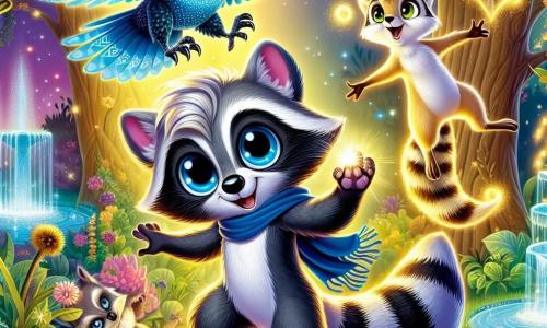 Un jeune raton laveur nommé Félix, avec un pelage gris et noir brillant, se tient au centre d'un jardin magique, levant une patte vers le ciel, entouré d'une lumière dorée. À sa gauche, un hibou nommé Orion, aux plumes bleu profond et aux yeux scintillants, le regarde avec fierté. À sa droite, une fouine espiègle nommée Luna, avec un pelage brun doré, bondit joyeusement. Le jardin est enchanteur, rempli de plantes colorées, de fleurs lumineuses et de lucioles, avec une fontaine de cristal chantant une douce mélodie. Félix, Orion et Luna se préparent à affronter un spectre maléfique, dans une atmosphère de magie et d'aventure.
