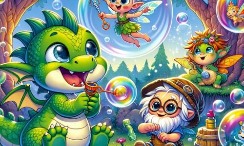 Un petit dragon nommé Gribouille, avec des écailles vertes et des yeux malicieux, souffle des bulles de savon géantes qui flottent autour de lui, rayonnant de joie. À ses côtés, Patachou, un lutin aux cheveux en bataille et portant un chapeau trop grand, rit en essayant d'attraper une bulle. Zéphyr, une fée aux ailes scintillantes et aux cheveux dorés, virevolte dans les airs, son sourire illuminant son visage. Boulon, un petit troll avec des lunettes rondes et un tablier plein d'outils, ajuste un gadget pour diriger sa bulle, concentré mais amusé. La scène se déroule dans une forêt enchantée, avec des arbres noueux, des fleurs colorées et un étang scintillant, où les amis s'amusent ensemble, riant et profitant de leur aventure joyeuse.