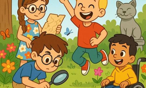 Quatre personnages principaux se trouvent dans un jardin enchanteur : Lucas, un garçon de 9 ans avec des cheveux bruns et des lunettes rondes, portant un t-shirt bleu et un short beige, scrute le sol avec une loupe. Tom, un garçon de 8 ans aux cheveux blonds, vêtu d'un t-shirt rouge et d'un pantalon vert, saute de joie en pointant un indice sous une fleur. Emma, une fille de 9 ans avec des cheveux châtains tressés et une robe à fleurs, tient une carte au trésor et observe ses amis. Max, un garçon de 9 ans en fauteuil roulant avec un sweat-shirt jaune, les regarde avec enthousiasme. Ils enquêtent ensemble, découvrant un indice sous une statue de chat en pierre. Lucas examine le sol, Tom pointe un coffre en bois, Emma réfléchit à la suite et Max sourit, impatient de voir le contenu du coffre.