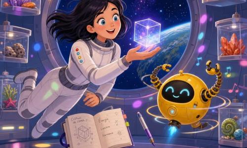 Louna, une femme d’environ 25 ans aux cheveux noirs mi-longs et aux yeux très clairs, sourit émerveillée en apesanteur, portant une combinaison spatiale blanche et grise et tenant dans sa paume un petit cube transparent émettant une douce lumière bleu‑violette ; à sa droite, Polochon, un robot d’accueil rond et jaune aux deux bras hélicoïdaux et yeux‑lumières clignotants, tourne et danse en faisant de petites pirouettes ; un carnet et un crayon flottent avec des pages ouvertes, le tout dans un grand port de sondes circulaire aux parois métalliques, grandes baies vitrées montrant le cosmos et une mince bande de Terre, lumières tamisées et boîtes transparentes suspendues contenant cailloux colorés ; ambiance chaleureuse, ludique et magique, composition centrée, couleurs vives et formes simples adaptées aux enfants.