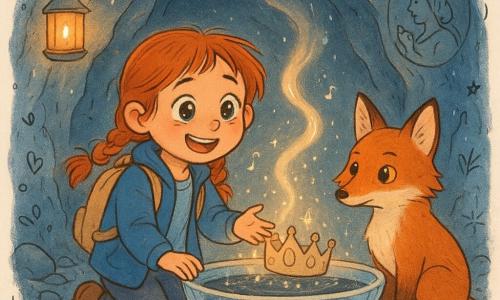 Une fillette de 6 ans, joyeuse et émue, yeux brillants et mouillés, cheveux roux en nattes un peu en bataille, veste bleue et sac à dos beige, s’agenouille au bord d’une vasque de cristal et tend la main vers une couronne de pierre qui s’ouvre ; un renard roux aux yeux d’ambre est assis à droite, queue enroulée et museau proche de l’eau, attentif ; la mère (30–35 ans) n’est pas dans la grotte mais apparaît en petit médaillon gravé sur un mur, vêtue d’une robe simple et tenant une petite étoffe parfumée ; la grotte a des parois bleu-gris ponctuées de quartz scintillant, sol de pierres lisses, une lanterne suspendue diffuse une lumière dorée, des gouttes tombent créant des cercles à la surface ; la vasque en cristal contient une eau sombre qui s’illumine en perles et petites notes musicales visuelles, une fine vapeur parfumée s’élève et un ruban lumineux serpente vers l’ouverture de la grotte ; style graphique aux couleurs douces et contrastées, formes rondes et accueillantes, textures détaillées de pierre et d’eau, avec petits doodles (notes, étoiles, cœurs) en overlay.