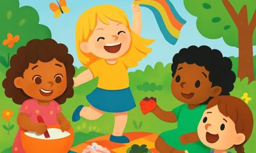 Quatre enfants célèbrent leurs traditions dans un jardin ensoleillé. Lila, 4 ans, mélange des ingrédients dans un bol, Mia danse avec un foulard, Amina partage des fruits sur une couverture et Zoé raconte une histoire. Le jardin est rempli de fleurs, de gâteaux et de fruits, avec des papillons volant autour. L'atmosphère est joyeuse et amicale, illustrant la beauté de la diversité et de l'amitié.